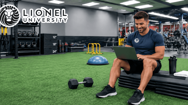 Man using a laptop on a gym bench in a fitness center