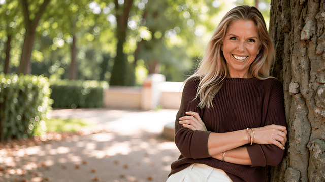 Smiling woman in a brown sweater standing against a tree in a park