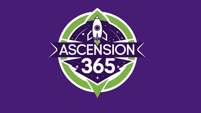 Logo for Ascension 365 featuring a rocket and circular design in purple and green