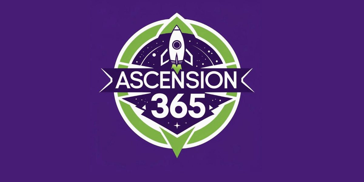 Logo for Ascension 365 featuring a rocket and circular design in purple and green