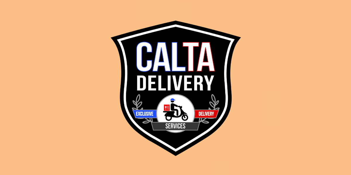 Logo design for Calta Delivery featuring a shield, scooter, and delivery elements