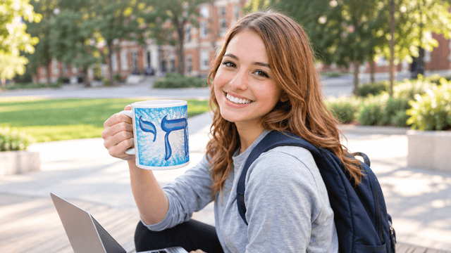Young woman sitting outdoors, holding a coffee mug, smiling, with a laptop beside her