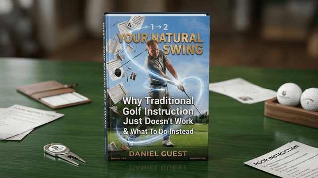 Book cover titled "Your Natural Swing" on a table with golf balls and a key.