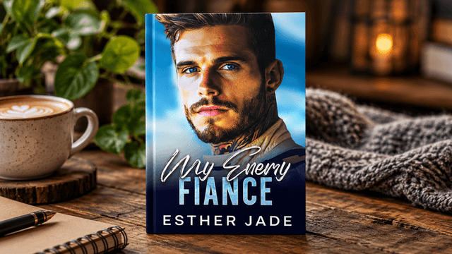 Book cover featuring a man with blue eyes, titled "My Enemy Fiancé" by Esther Jade