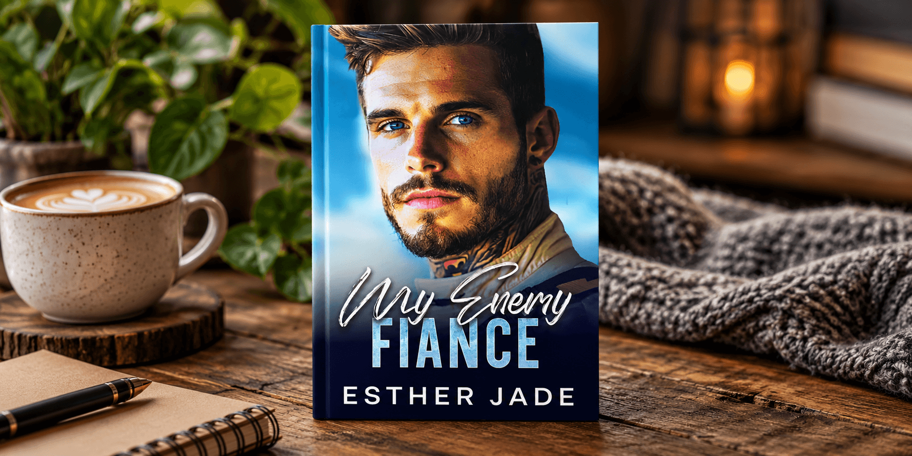 Book cover featuring a man with blue eyes, titled "My Enemy Fiancé" by Esther Jade