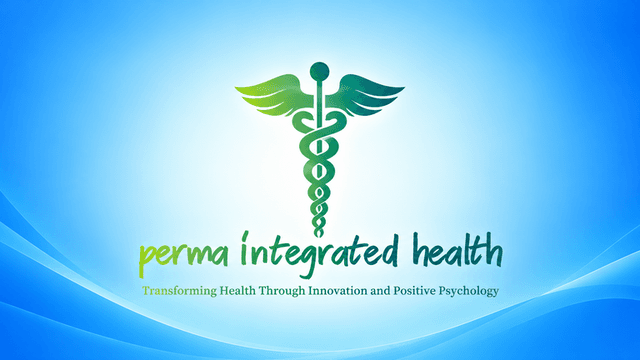 Logo for Perma Integrated Health featuring a caduceus and vibrant blue background