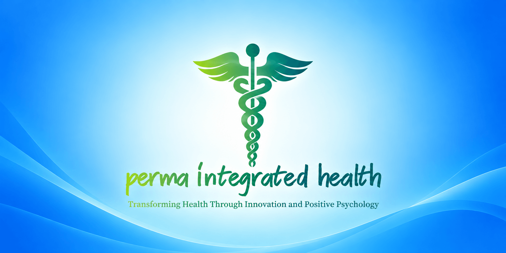 Logo for Perma Integrated Health featuring a caduceus and vibrant blue background