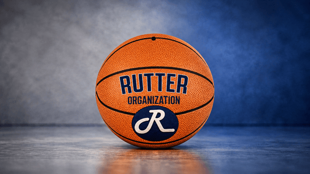 A basketball featuring the name "Rutter Organization" and a stylized "R" logo