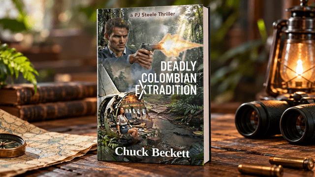 Book titled "Deadly Colombian Extradition" by Chuck Beckett displayed on a wooden table