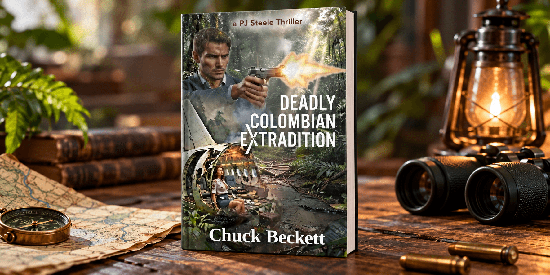 Book titled "Deadly Colombian Extradition" by Chuck Beckett displayed on a wooden table