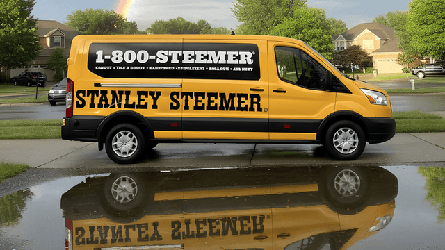 Yellow Stanley Steemer van parked beside a puddle reflecting a rainbow in the sky