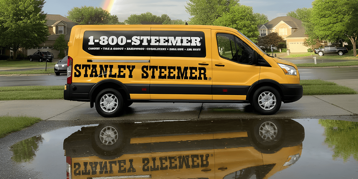 Yellow Stanley Steemer van parked beside a puddle reflecting a rainbow in the sky