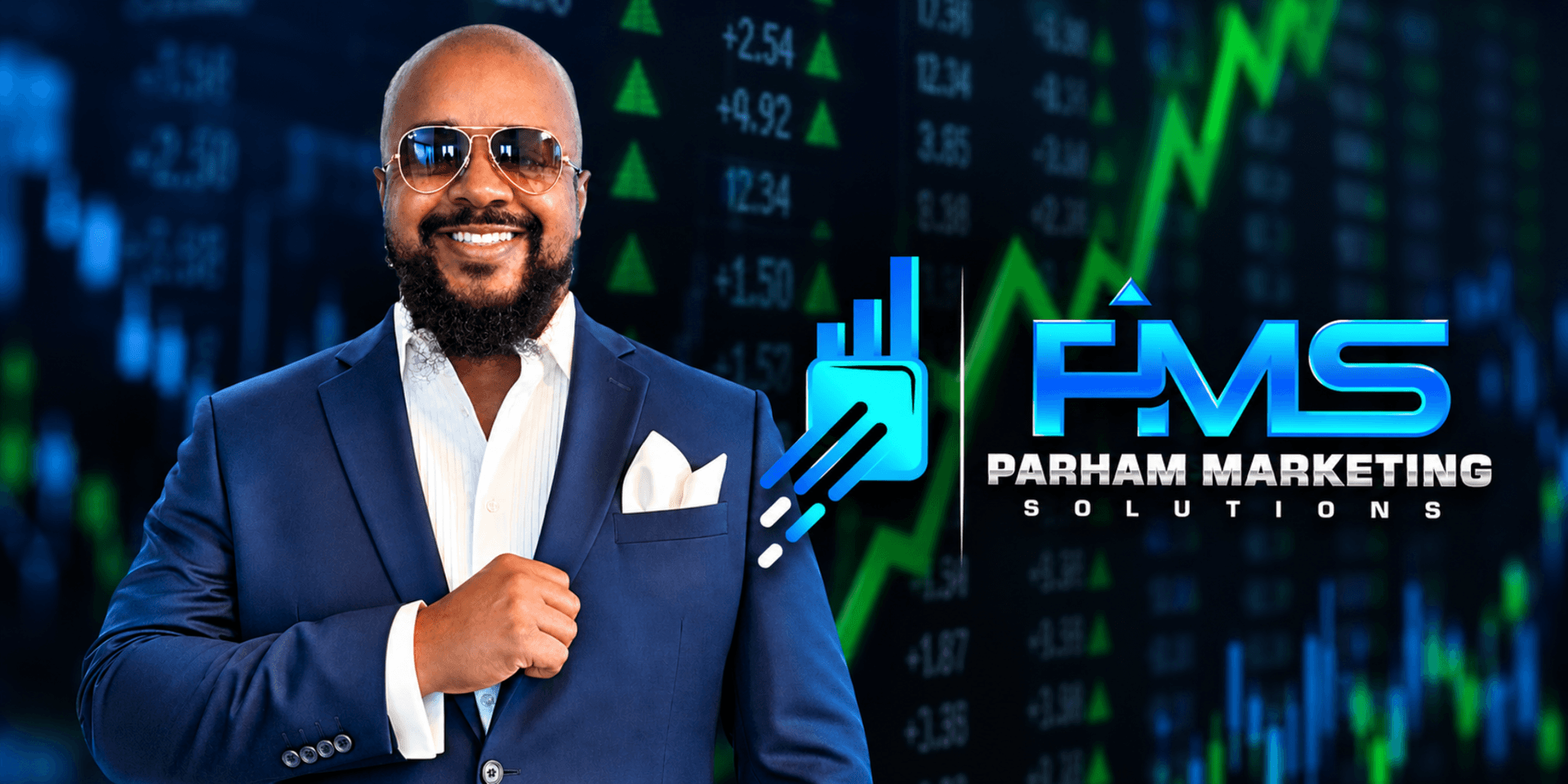 Man in a suit with sunglasses, smiling against a financial graph background