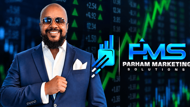 Man in a suit with sunglasses, smiling against a financial graph background