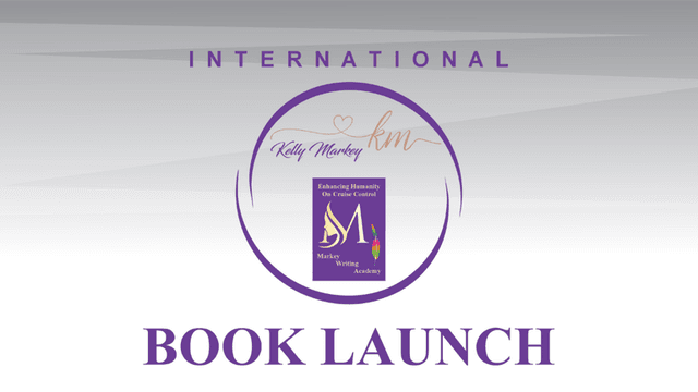 Banner for an international book launch featuring a feather and pen logo.