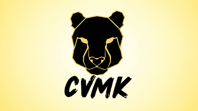 Logo featuring a geometric bear head and the letters CVMK in bold font