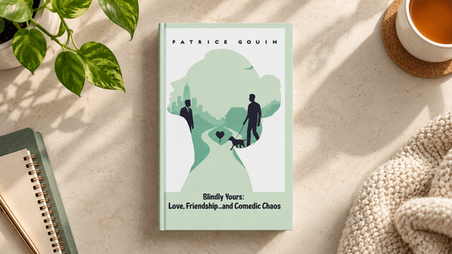 Book titled "Blindly Yours: Love, Friendship—and Comedic Chaos" displayed on a table with greenery.