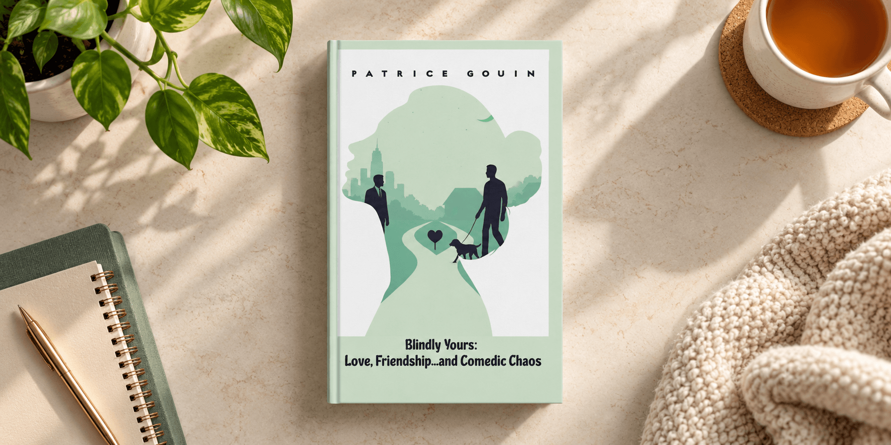 Book titled "Blindly Yours: Love, Friendship—and Comedic Chaos" displayed on a table with greenery.