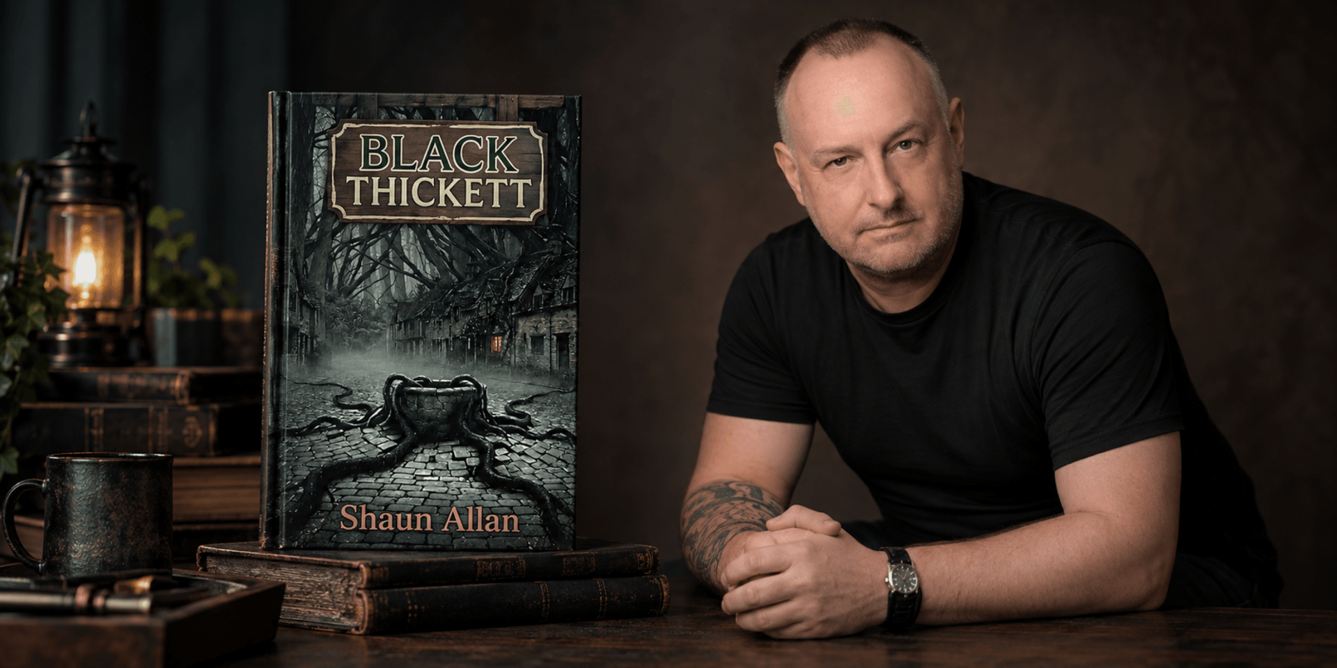 Author Shaun Allan poses beside his book "Black Thickett" in a moody setting