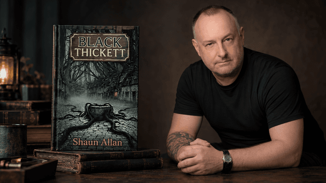 Author Shaun Allan poses beside his book "Black Thickett" in a moody setting