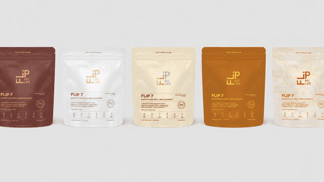 Five varying color pouches of a product labeled "FLIP 7" on a white background