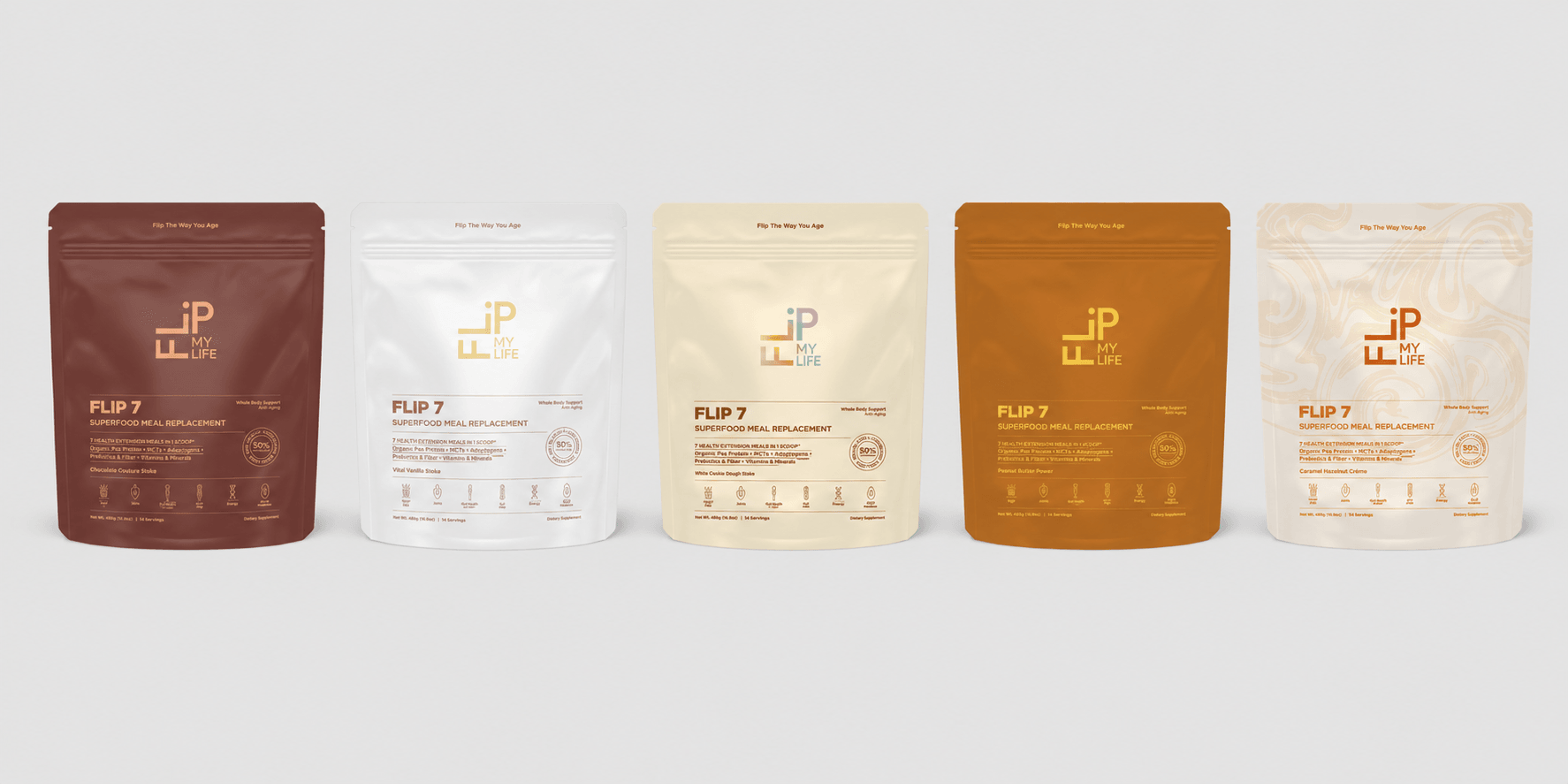 Five varying color pouches of a product labeled "FLIP 7" on a white background