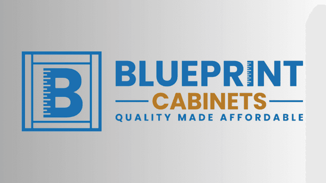 Logo design for Blueprint Cabinets featuring blue and gold colors with a ruler graphic