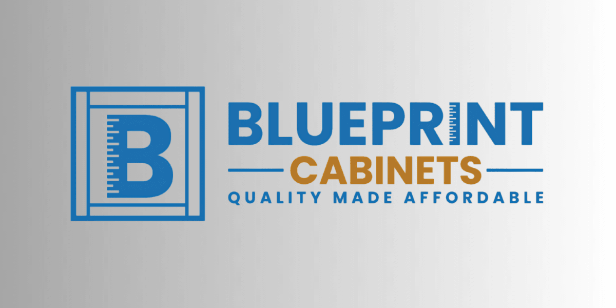 Logo design for Blueprint Cabinets featuring blue and gold colors with a ruler graphic