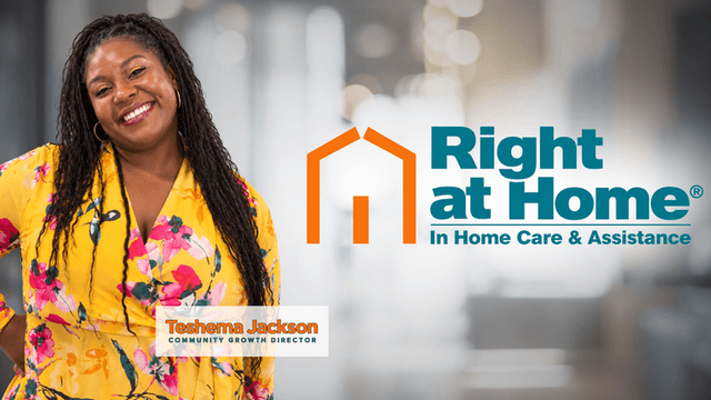 A woman in a colorful dress smiles beside the Right at Home logo