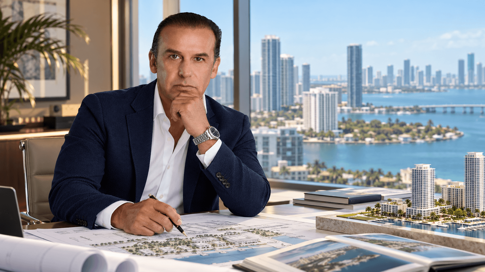 Businessman focused on architectural plans with a city skyline view in the background