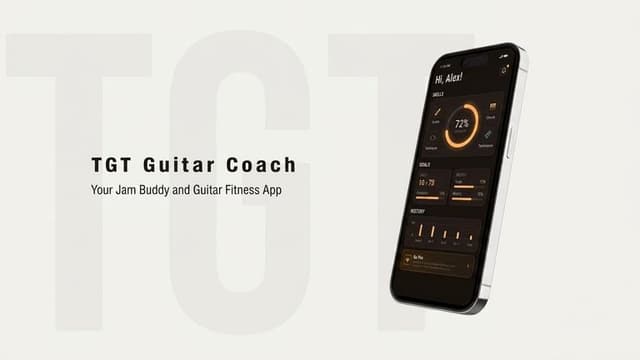 Mockup of TGT Guitar Coach app interface on a smartphone for guitar fitness.