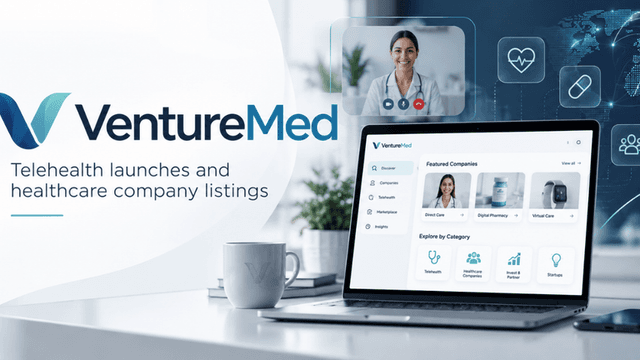 VentureMed logo with a laptop displaying healthcare listings and a telehealth video call