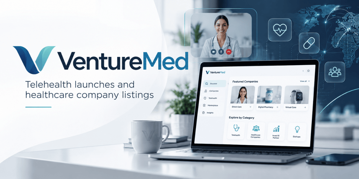 VentureMed logo with a laptop displaying healthcare listings and a telehealth video call