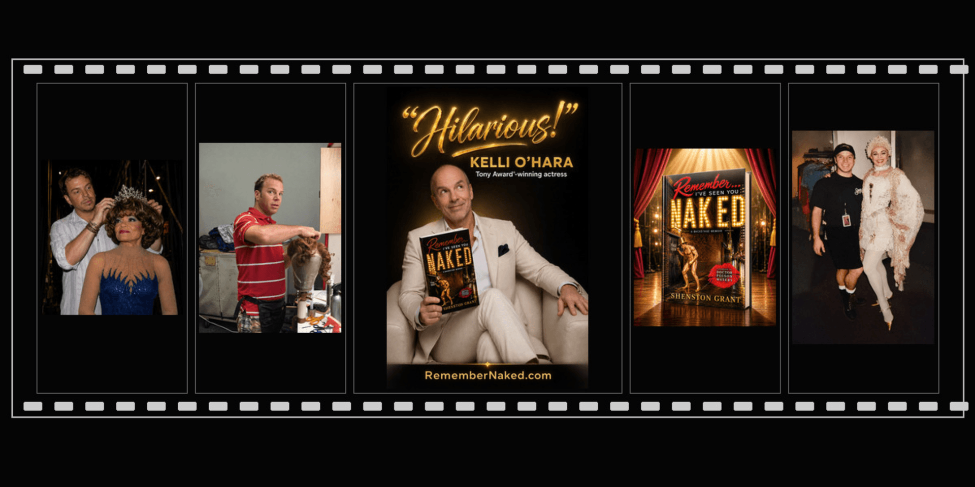 Collage of behind-the-scenes moments from a theatrical production featuring actors preparing and promoting a book