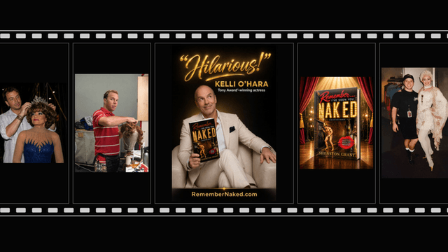 Collage of behind-the-scenes moments from a theatrical production featuring actors preparing and promoting a book