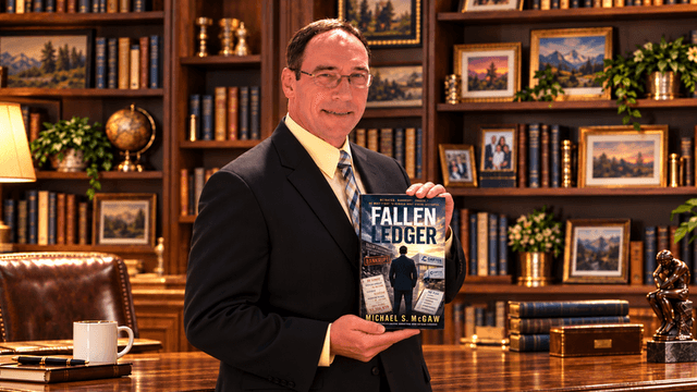 Man in a suit holding a book titled "Fallen Ledger" in an office setting