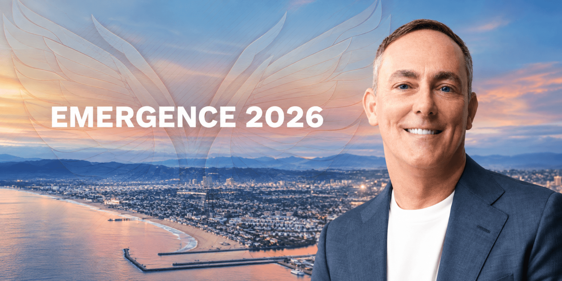 Man smiling in front of a coastal cityscape with "EMERGENCE 2026" text overlay
