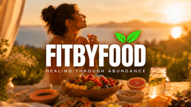 A woman enjoying a fruit spread at sunset with the FitByFood logo overlayed