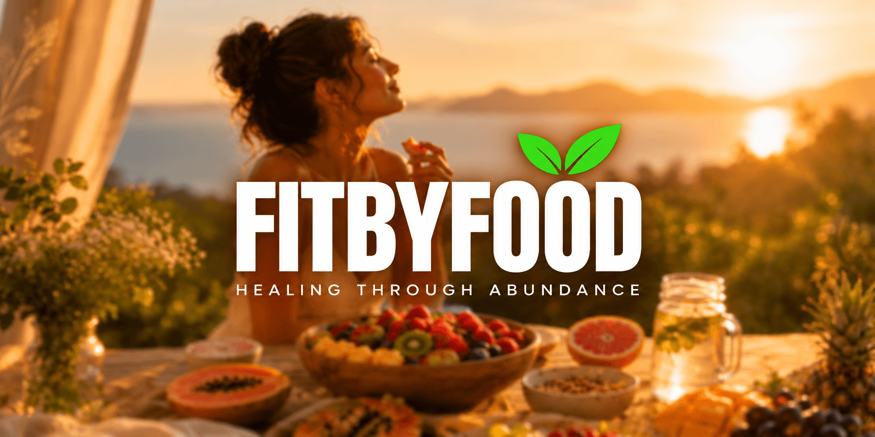 A woman enjoying a fruit spread at sunset with the FitByFood logo overlayed