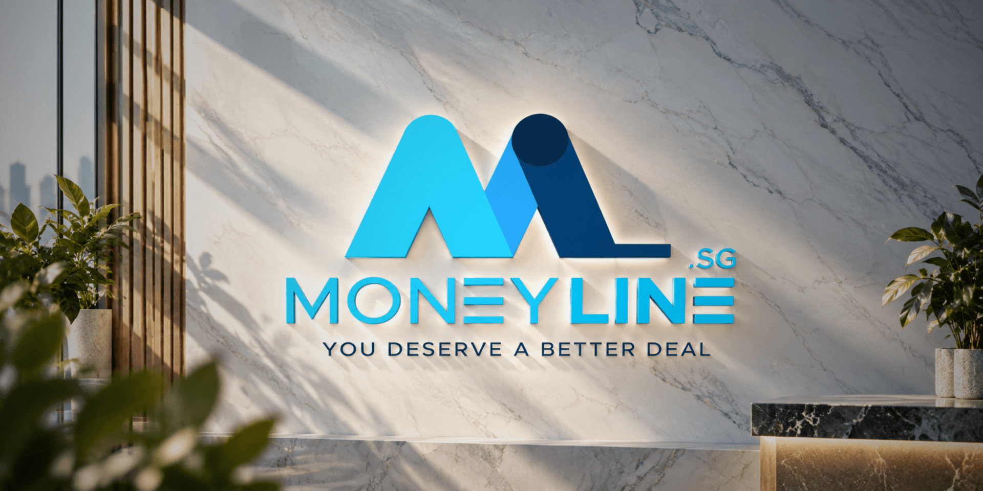 Logo of Money Line SG displayed on a modern marble wall with greenery