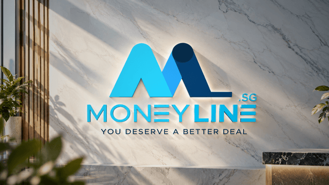 Logo of Money Line SG displayed on a modern marble wall with greenery