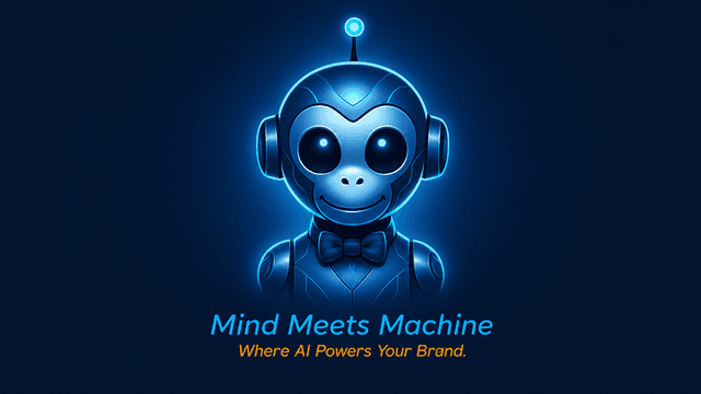 A futuristic robot monkey character with a bow tie on a dark blue background