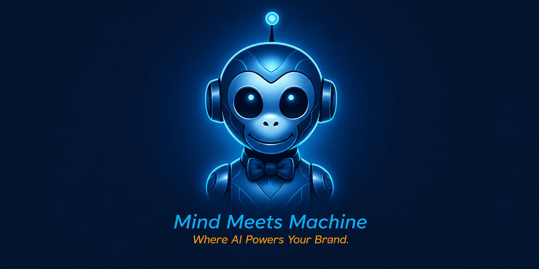 A futuristic robot monkey character with a bow tie on a dark blue background
