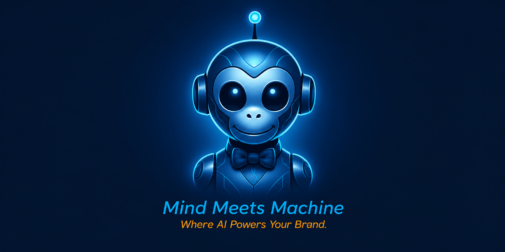 A futuristic robot monkey character with a bow tie on a dark blue background