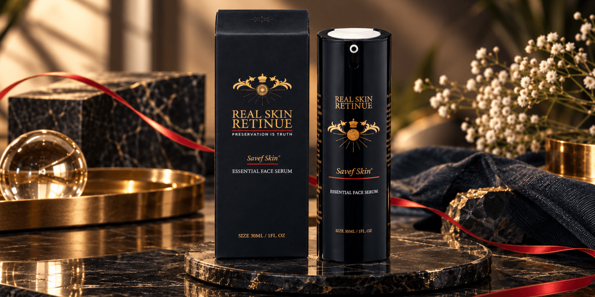 Elegant black serum bottle with ornate packaging set in a luxurious arrangement