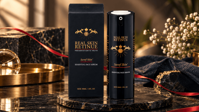 Elegant black serum bottle with ornate packaging set in a luxurious arrangement