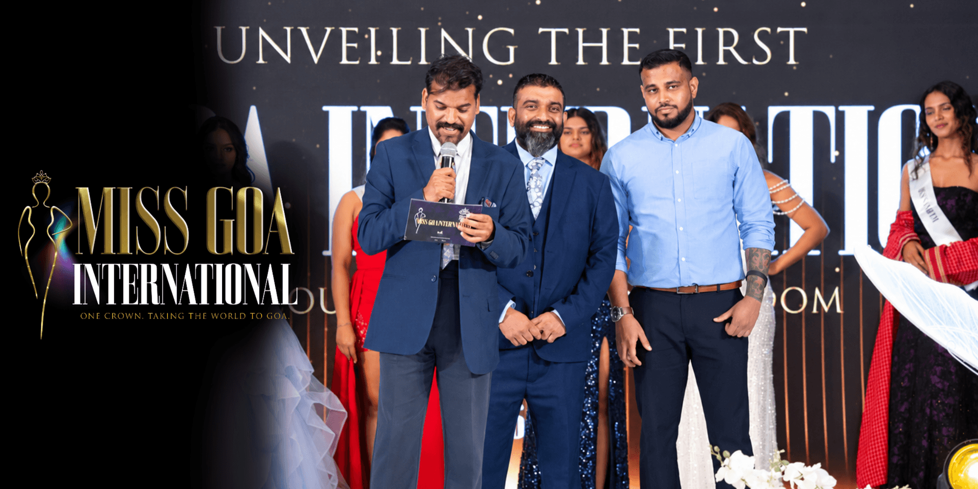 Event scene featuring hosts on stage at the Miss Goa International pageant unveiling event