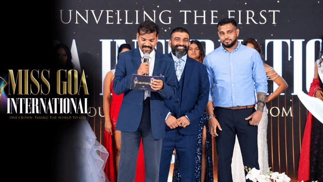 Event scene featuring hosts on stage at the Miss Goa International pageant unveiling event