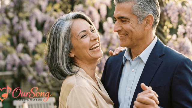 A happy couple dancing together outdoors, surrounded by blooming flowers and greenery