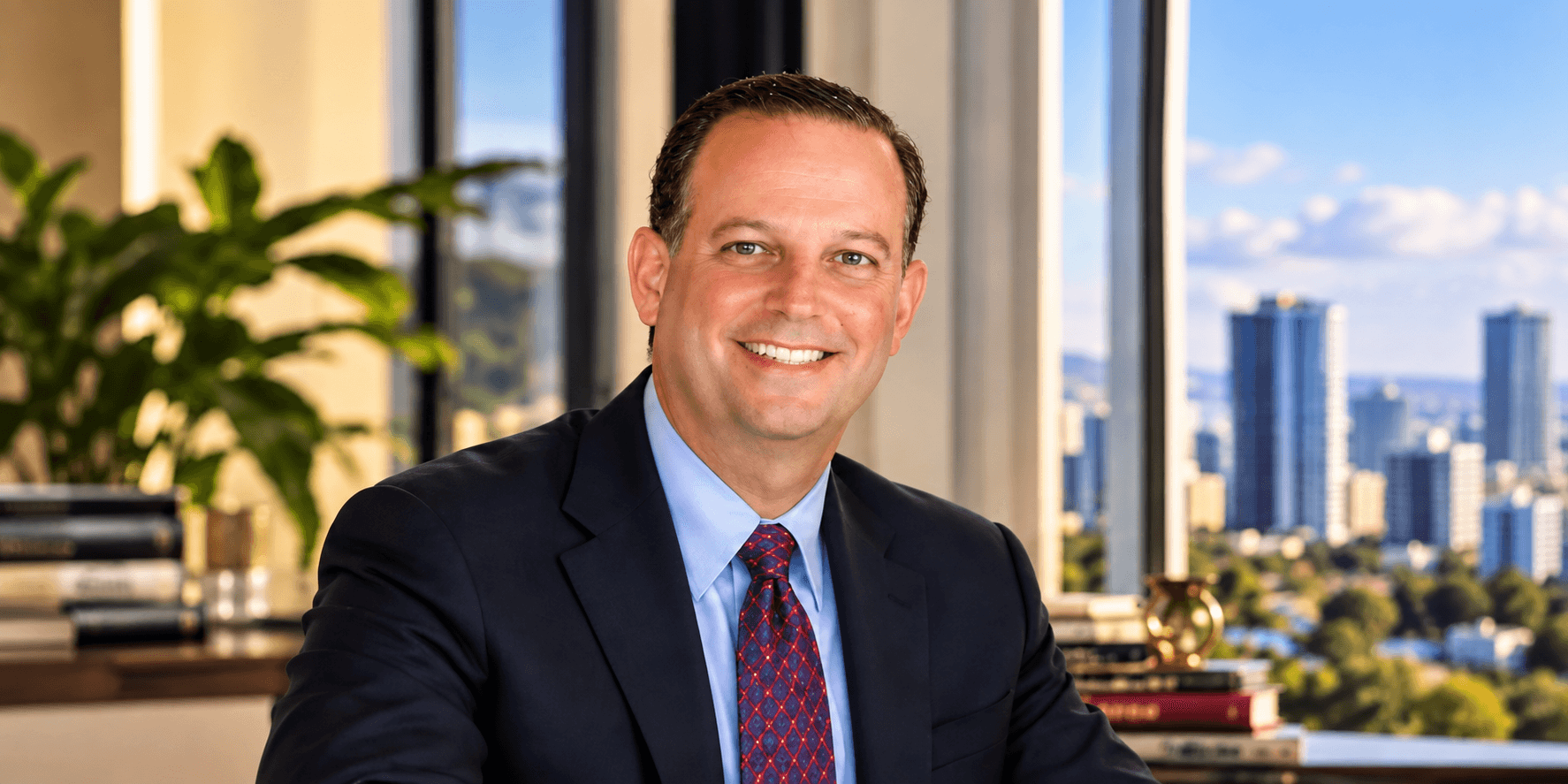 Smiling man in a suit seated indoors with a city skyline in the background